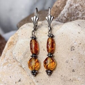 Vintage Sterling Silver Amber Austrian Crystal Dangle Earrings